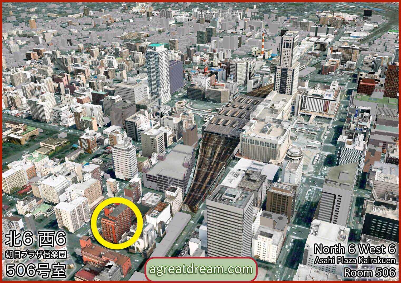 アクセスマップ Map: Sapporo Eikaiwa - agreatdream.com (Room 506, Asahi Plaza Kairakuen, 2-1, North 6 West 6, North Ward)