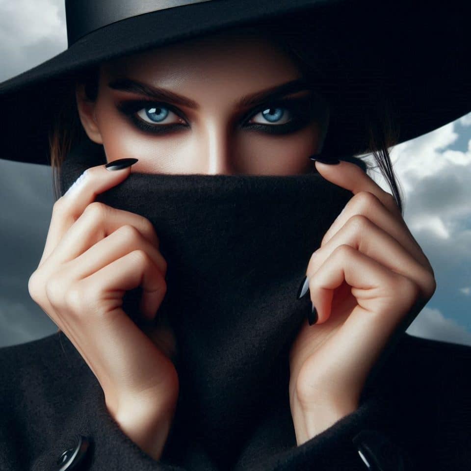 Lady in Moscow - trackback links or linkback - a close-up portrait of a mysterious lady wearing a wide-brimmed hat and a black face covering, leaving only their intense eyes visible. The subject is holding the collar of their black coat, with both hands near their face. The lighting is dramatic, highlighting their piercing eyes, while the background is dark and stormy with subtle gray clouds. The composition is centered and balanced in a square format.