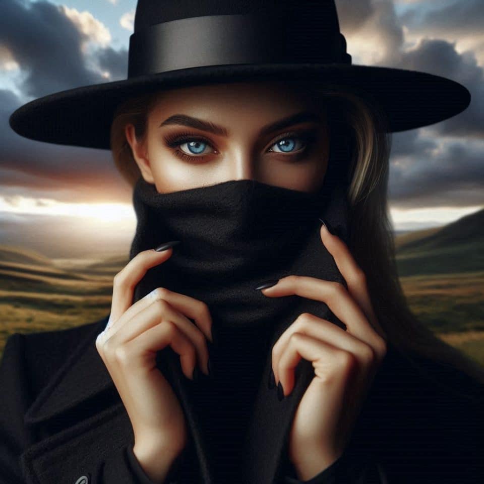 Lady in Moscow - trackback links or linkback - a close-up portrait of a mysterious lady wearing a wide-brimmed hat and a black face covering, leaving only their intense eyes visible. The subject is holding the collar of their black coat, with both hands near their face. The lighting is dramatic and warm on the left side, highlighting their piercing eyes, while the background is dark and stormy with subtle clouds. The composition is centered and balanced in a square format.