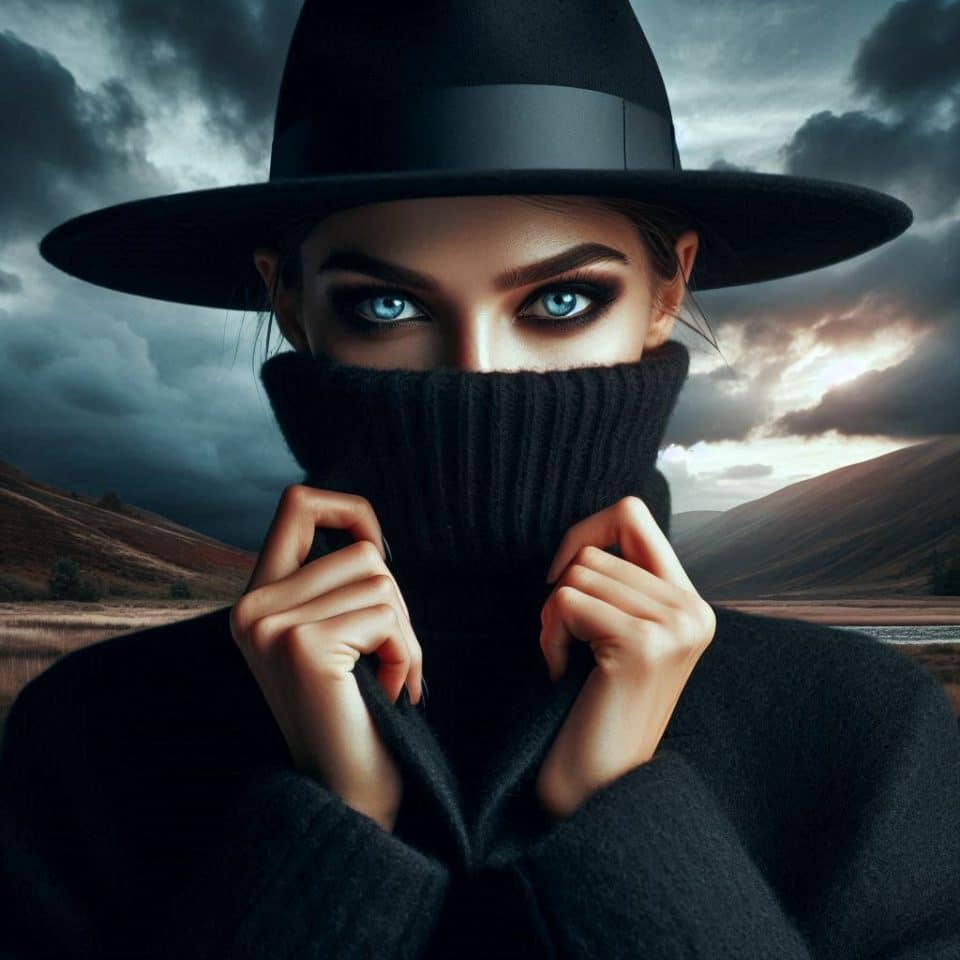 Lady in Moscow - trackback links or linkback - a close-up portrait of a mysterious lady wearing a wide-brimmed hat and a black face covering, leaving only their intense eyes visible. The subject is holding the collar of their black coat, with both hands near their face. The lighting is warm on the right side and dramatic, highlighting their piercing eyes, while the background is dark and stormy with subtle blueish gray clouds. The composition is centered and balanced in a square format.